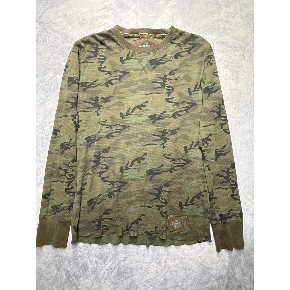 vtg y2k‎ Express Mens Camo Thermal Long Sleeve Shirt sz L Camouflage grunge